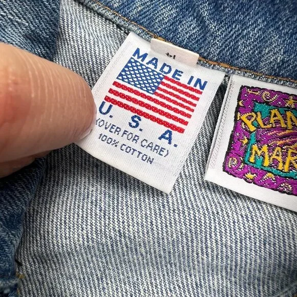 Vintage 90's Planet Mars Yellow Peanut M&M Embossed Denim Jacket - Picture 7 of 8